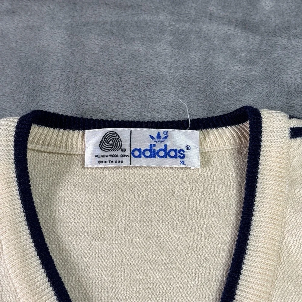 VTG 80s Adidas Wool Striped Accent V Neck Sweater Size XL Ivory Preppy Sports